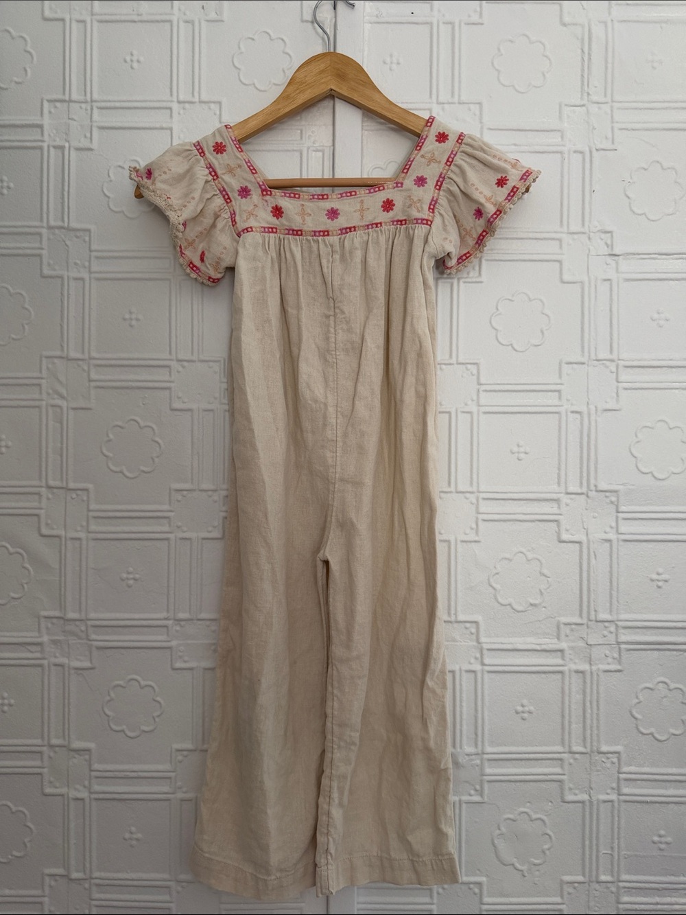 Old Navy Linen Blend Embroidered Boho Jumpsuit Oatmeal Cream 5T